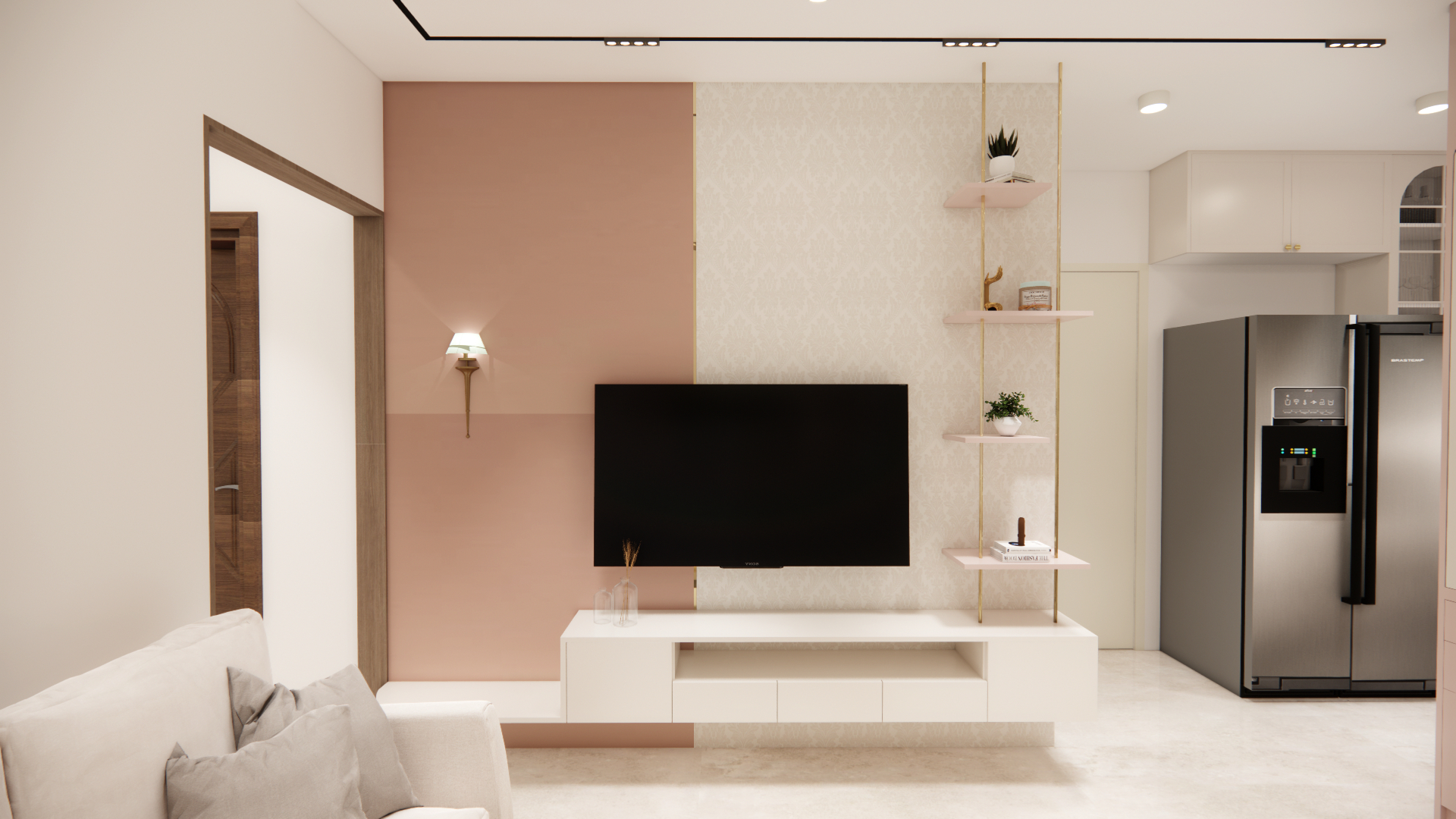 Luxury earthy warm home interior design in Chennai featuring beige tones, ambient lighting, modern minimalist d&eacute;cor, and cozy contemporary styling by Untold Concepts, one of the best interior designers in Chennai.