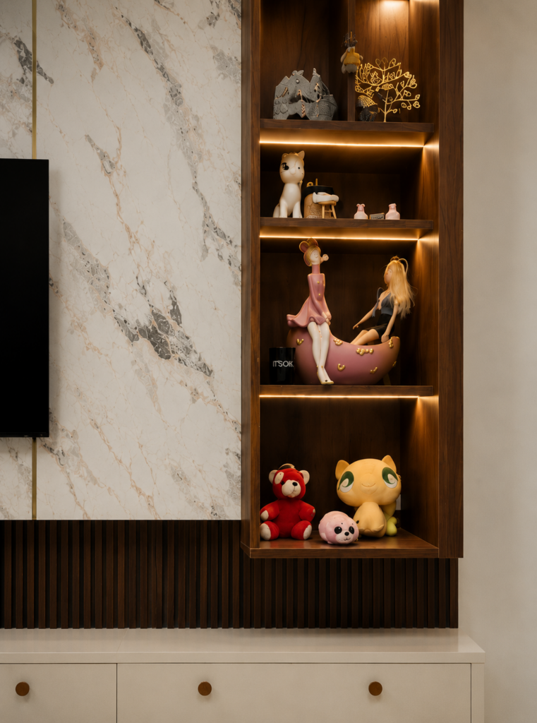Custom wooden display shelving with decorative accents and ambient lighting in a premium living room interior design