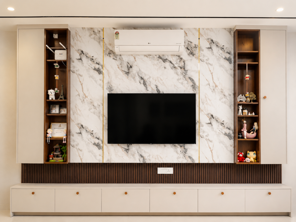 Luxury marble-inspired TV unit design with fluted paneling and gold inlay strips in a modern Chennai apartment living room