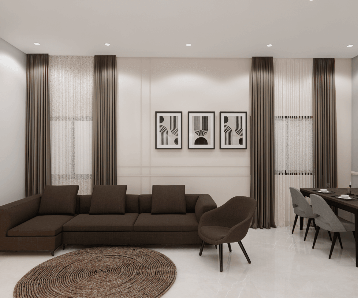 Modern foyer interior with warm ceiling lighting, wall paneling, and minimalist storage design by Untold Concepts.