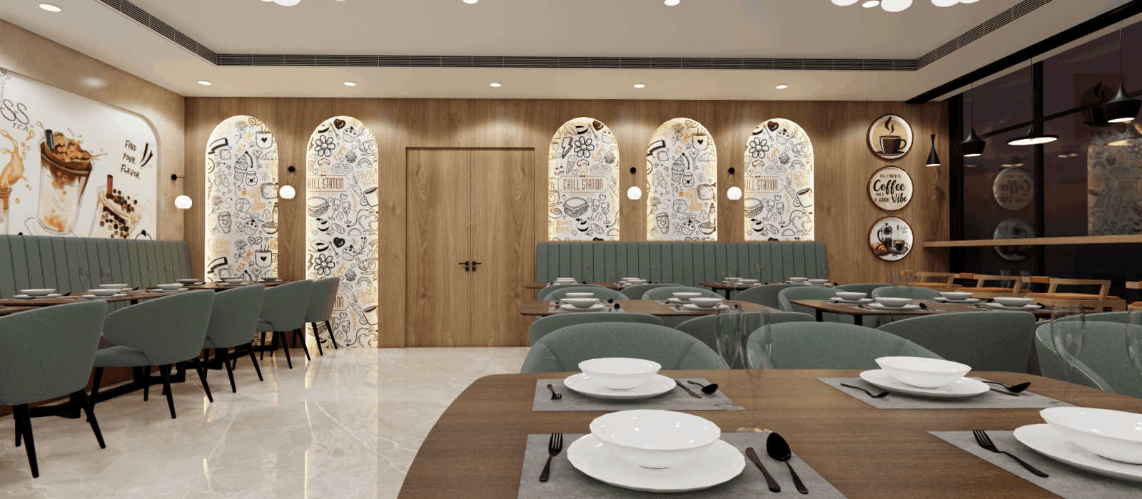 Modern Commercial Interior Design – Untold Concepts Commercial Place for Restaurant with Green Premium interior work