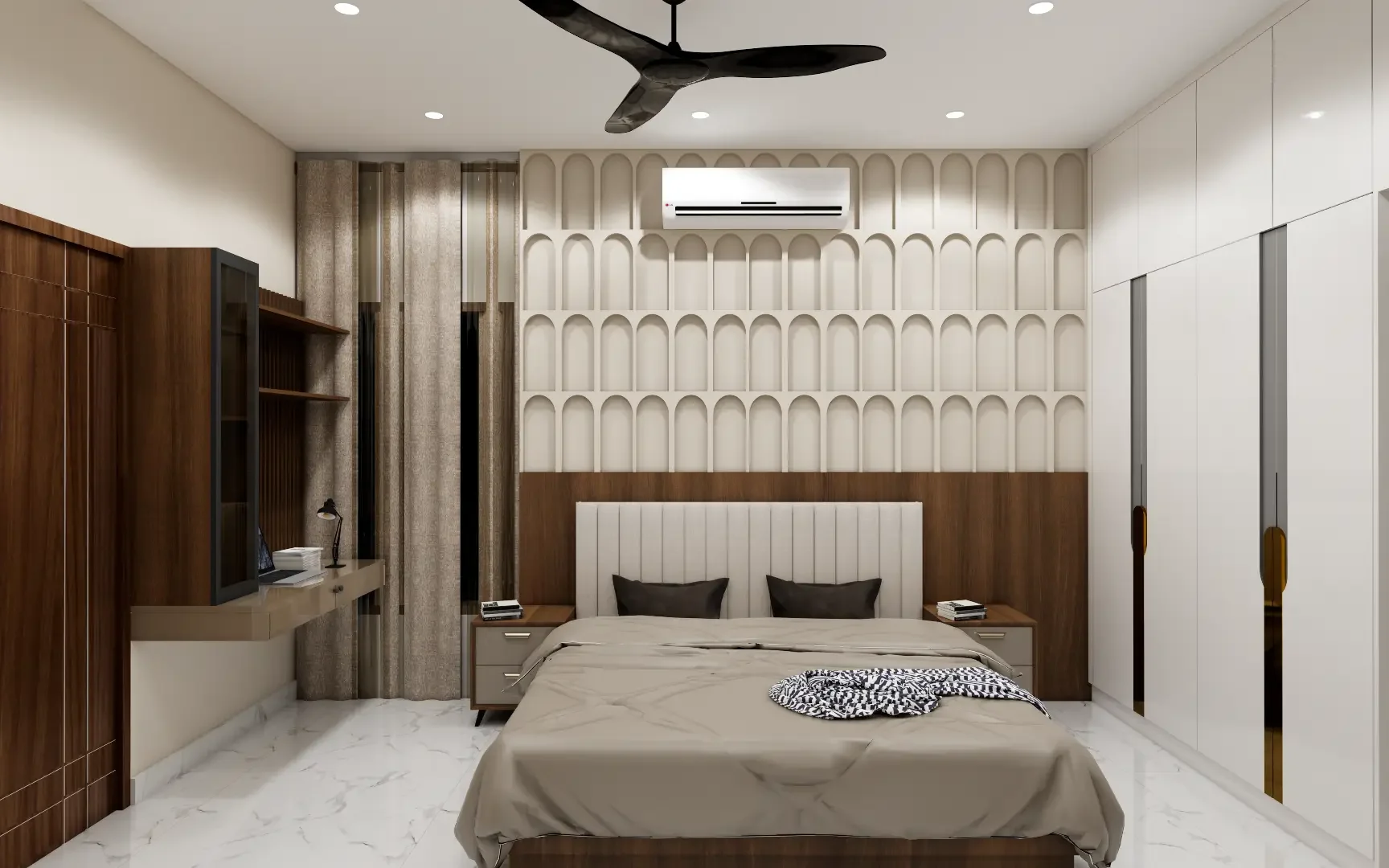 Modern Bedroom Interior Design | Untold Concepts Luxury bedroom interior design by Untold Concepts featuring warm tones, sleek wardrobe design, and modern lighting for a cozy ambiance