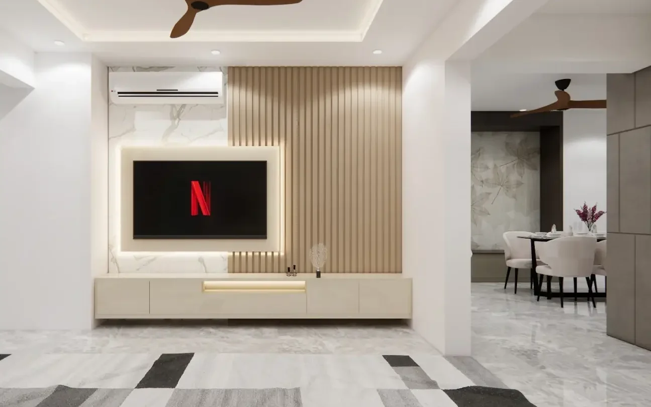 Luxury TV Unit Design – Modern Living Room Setup | Untold Concepts Luxury TV unit design setup for modern living room | Premium wall-mounted entertainment unit by Untold Concepts Chennai