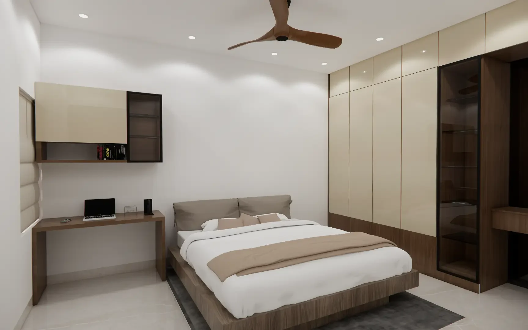 Modern Bedroom Interior Design | Untold Concepts Luxury bedroom interior design by Untold Concepts featuring warm tones, sleek wardrobe design, and modern lighting for a cozy ambiance.