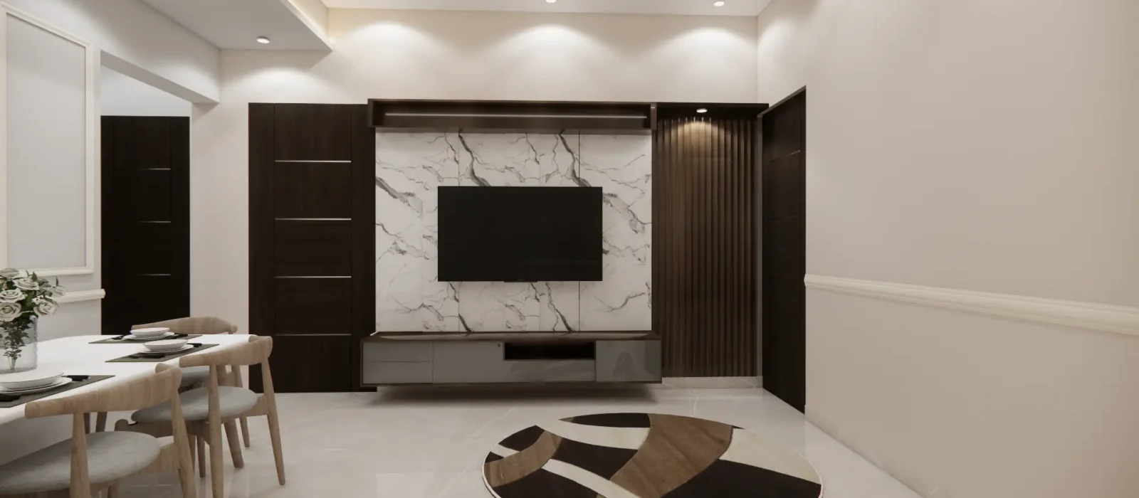 Luxury TV Unit Interior Design | Untold Concepts Modern TV unit design by Untold Concepts featuring sleek paneling, ambient lighting, and minimalist aesthetics for luxury living rooms. Dark themed