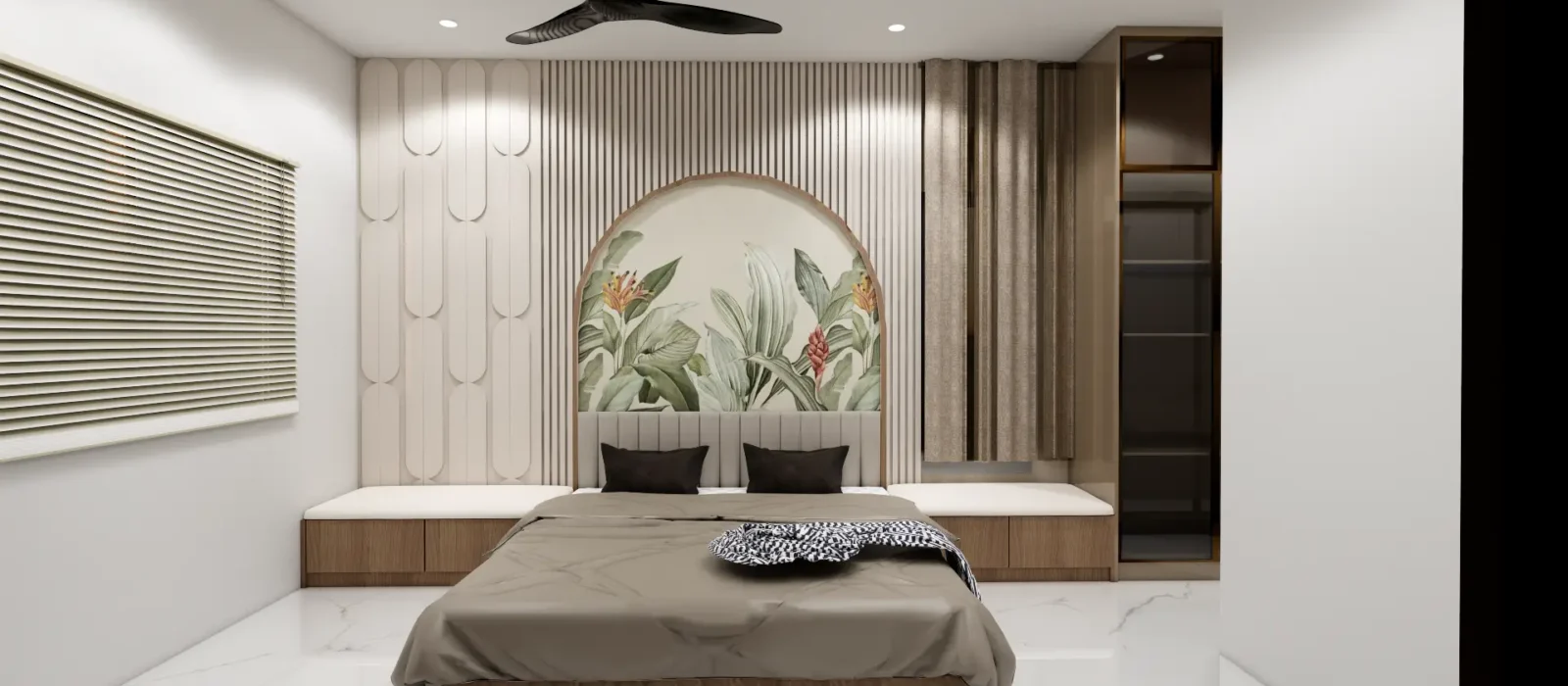 1 (1) Modern bedroom interior with custom wall paneling, warm lighting, and minimalist décor design by Untold Concepts