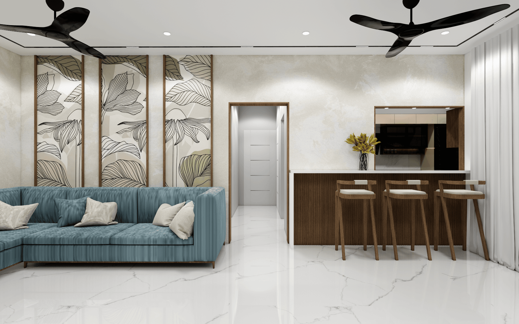 Modern Minimalist Foyer Design – Untold Concepts Minimalist foyer interior with warm ceiling lighting, wooden storage unit, indoor plant, and a modern black panel.