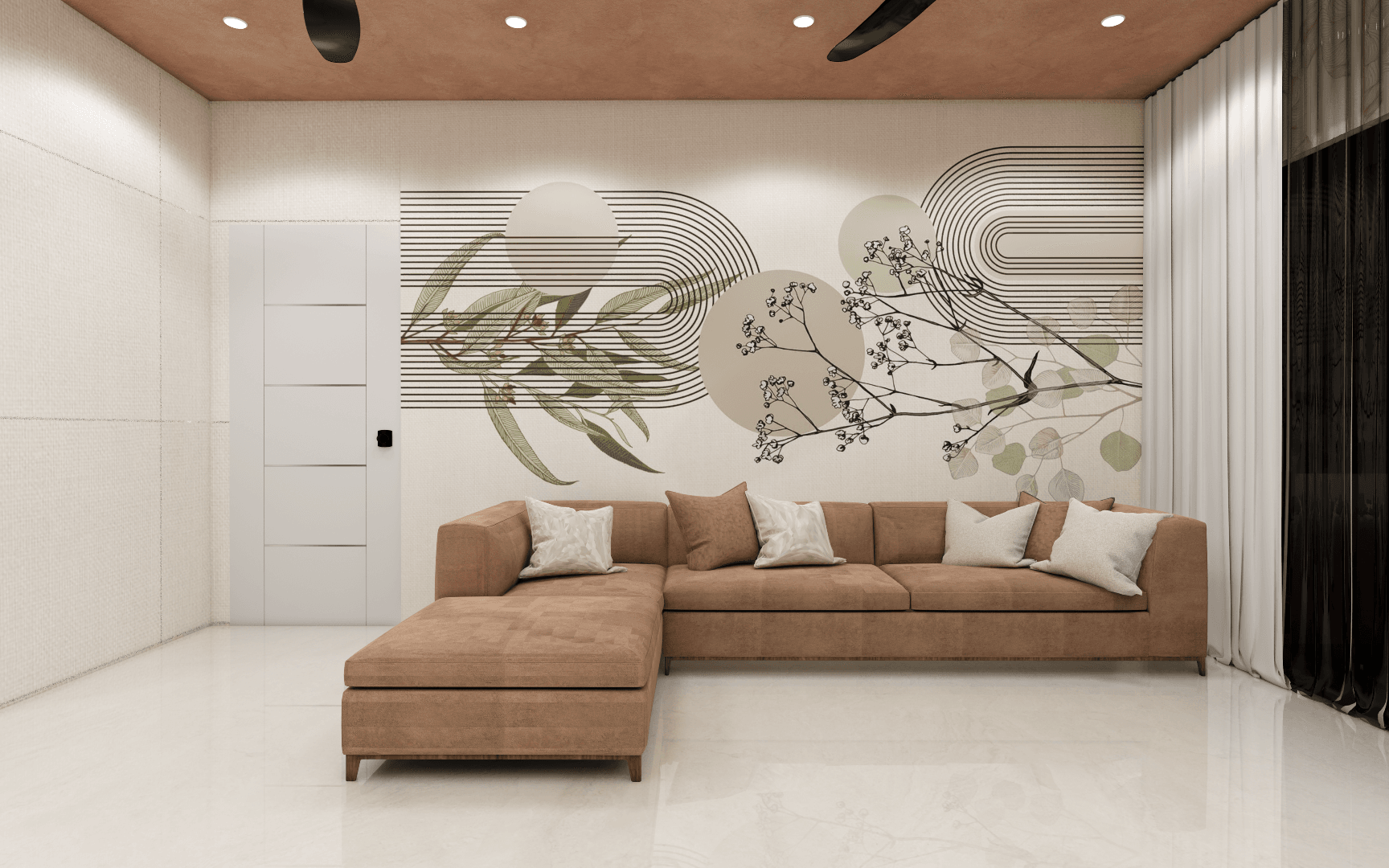 Modern Foyer Interior Design – Untold Concepts Modern foyer interior with warm ceiling lighting, wall paneling, and minimalist storage design by Untold Concepts.