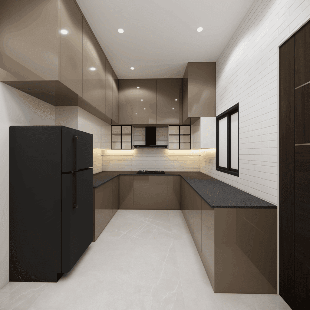 Laminate vs Acrylic Kitchen Cabinets: Which is Better for Modern Kitchens? | Untold Concepts – Luxury Interior Designers in Chennai L-shaped modular kitchen with white cabinets and wooden finish Compact L-shape modular kitchen design for small apartments