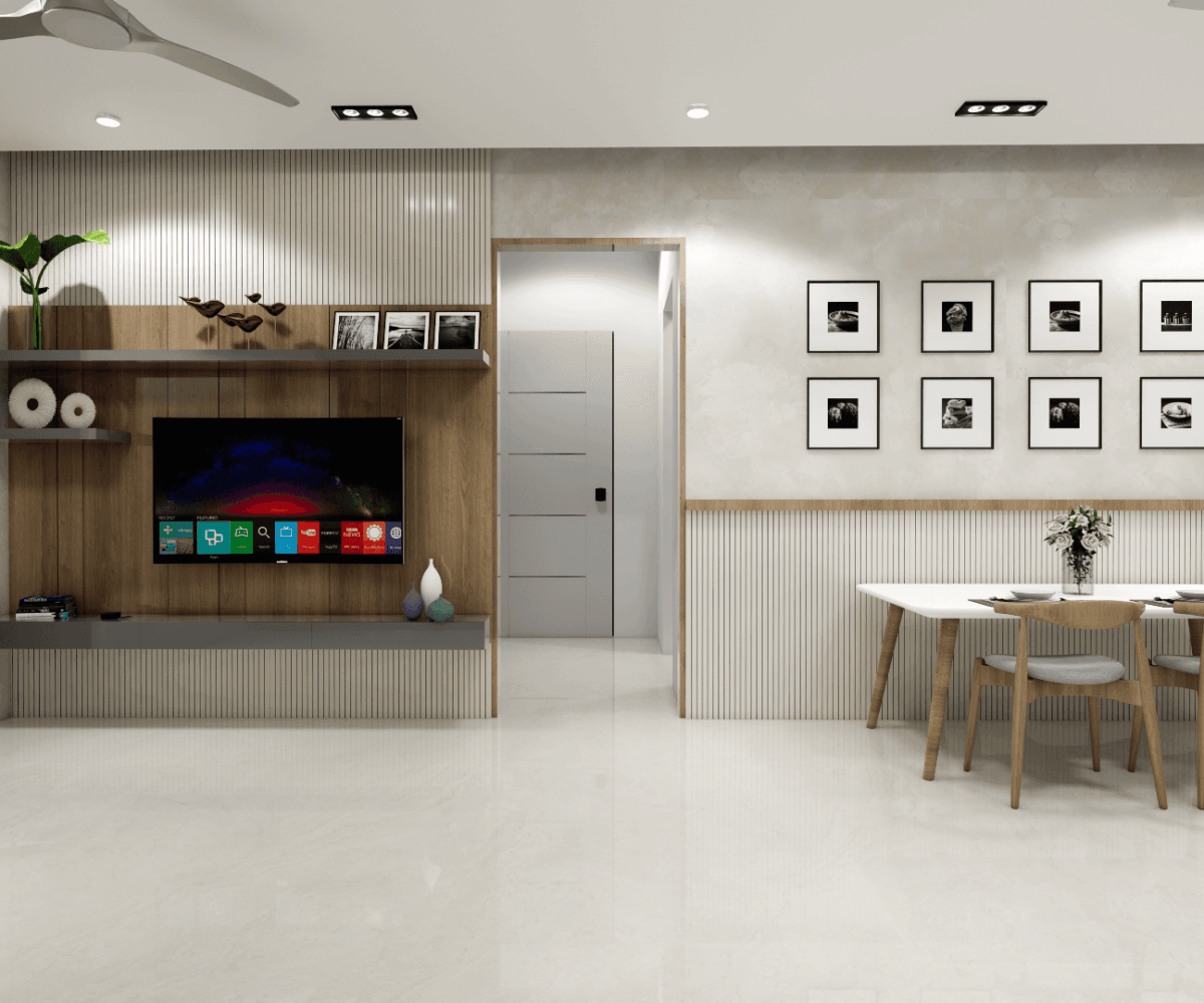 Contemporary living room interior with modular seating, wooden paneling, ambient lighting, and neutral color palette designed by Untold Concepts in Chennai.
