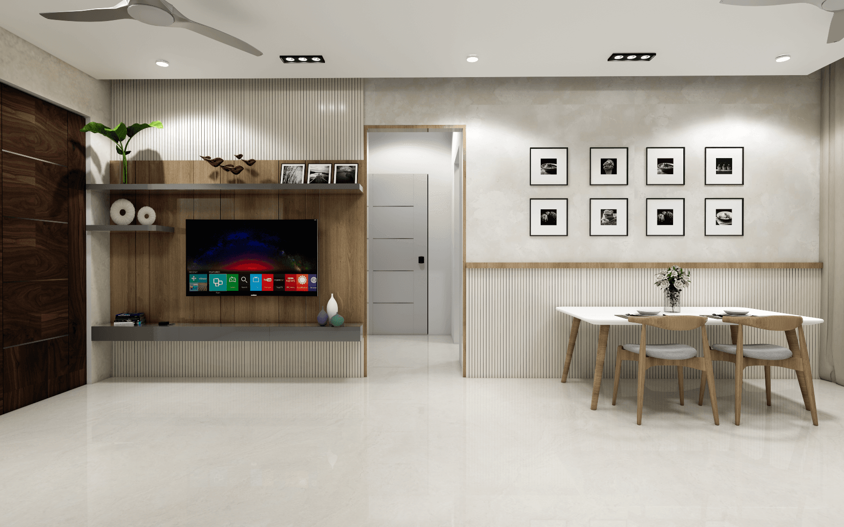 1 Contemporary living room interior with modular seating, wooden paneling, ambient lighting, and neutral color palette designed by Untold Concepts in Chennai.