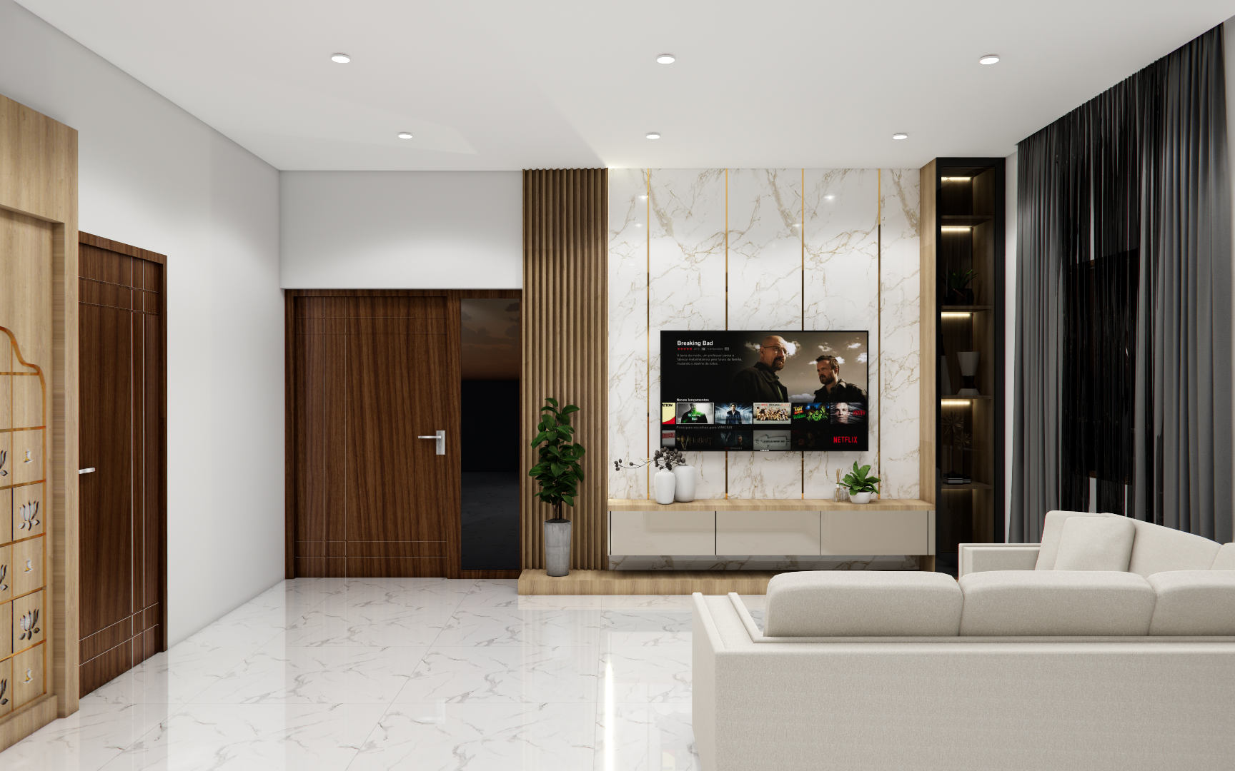 1 Modern living room interior design in Chennai featuring custom furniture, warm lighting, and elegant wall finishes by Untold Concepts.