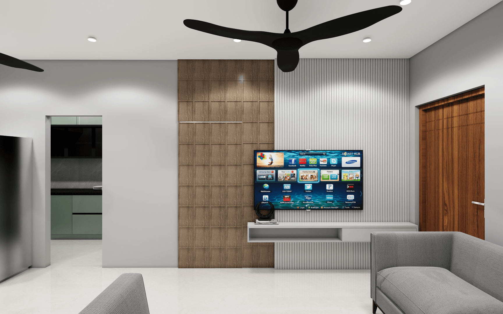 1 Luxury living room interior with custom sofa, feature wall design, and premium finishes in Chennai home.