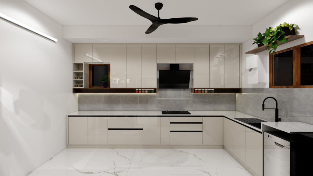 Laminate vs Acrylic Kitchen Cabinets: Which is Better for Modern Kitchens? | Untold Concepts – Luxury Interior Designers in Chennai L-shaped modular kitchen with white cabinets and wooden finish