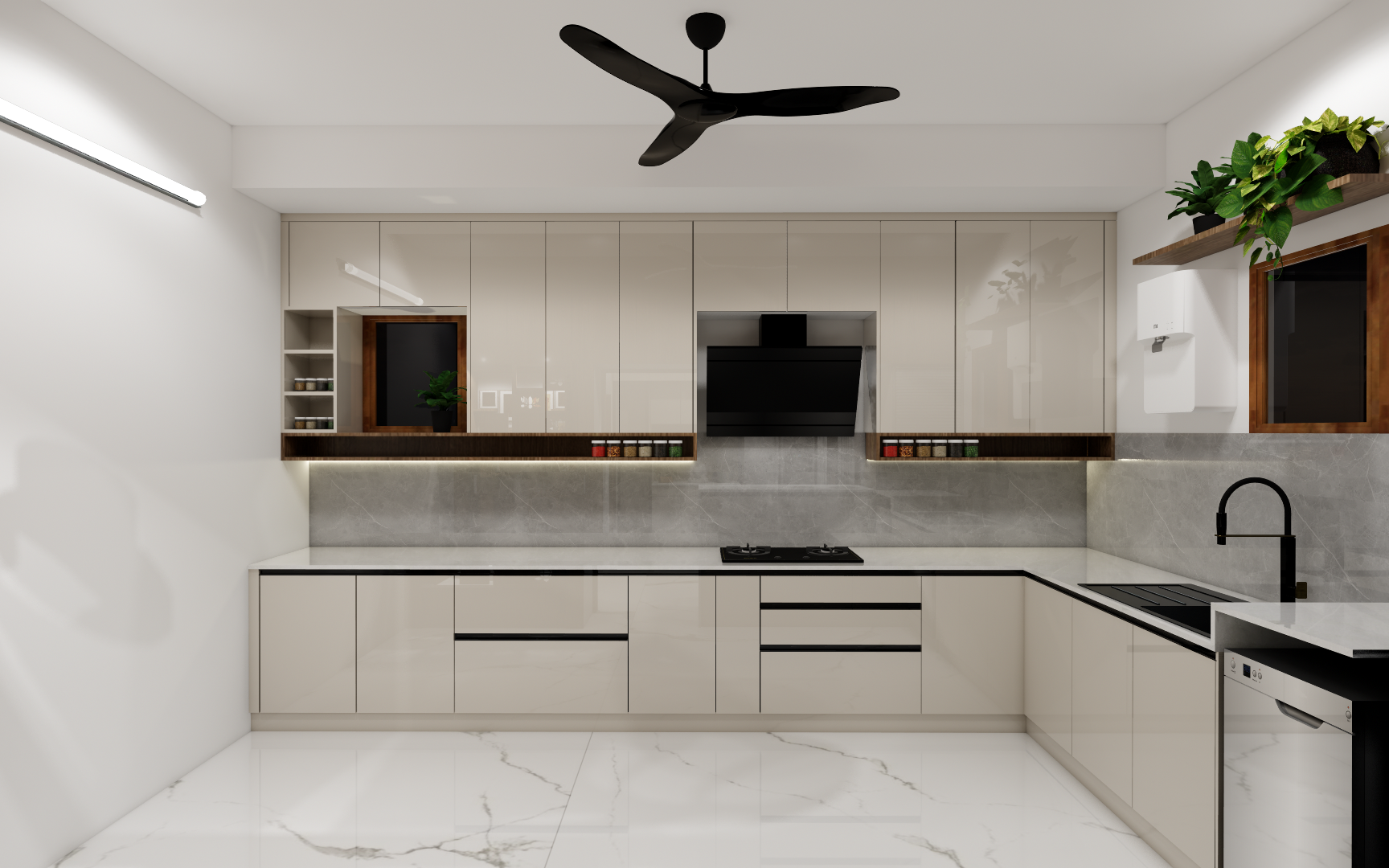 1 (3) L-shaped modular kitchen with white cabinets and wooden finish