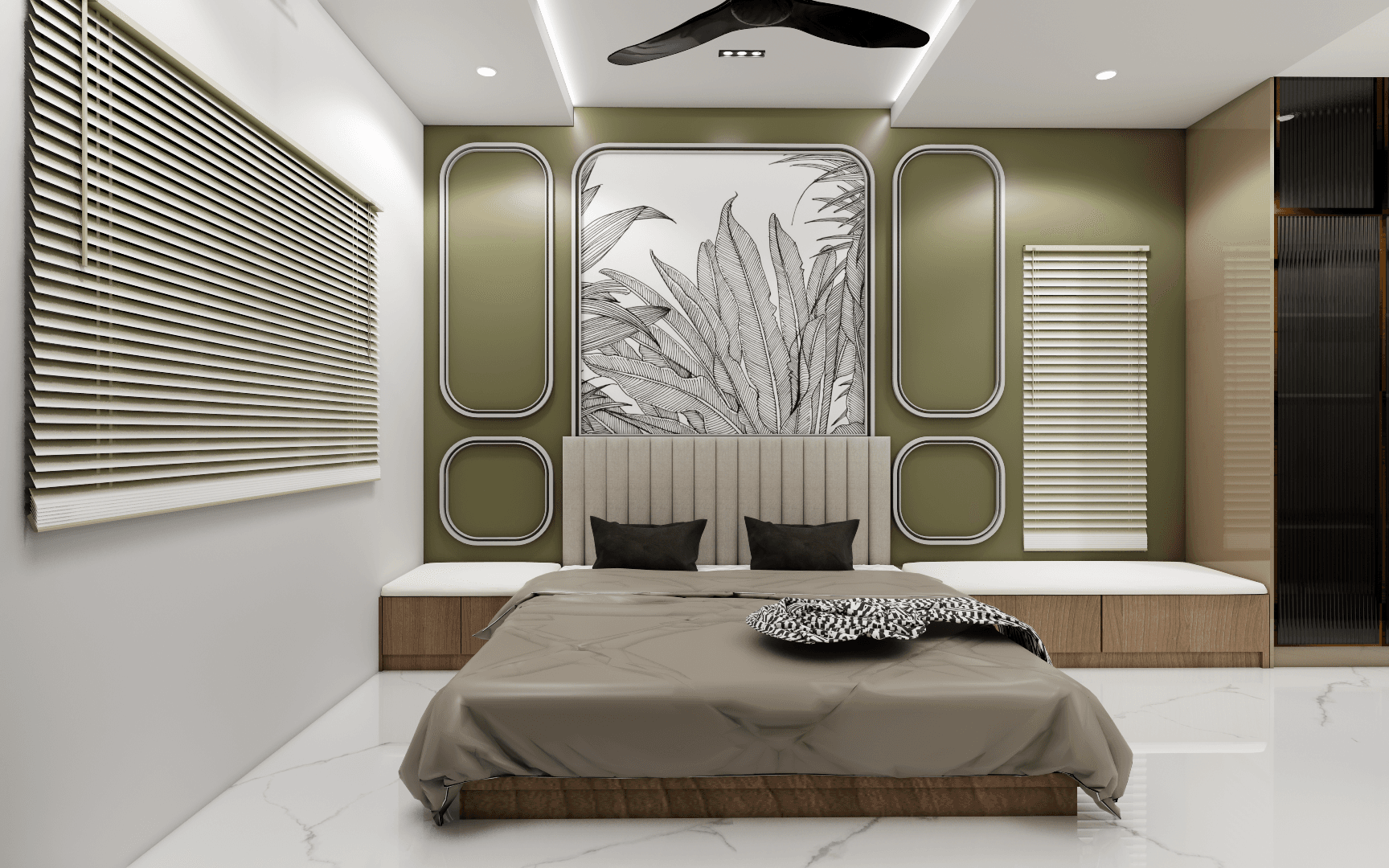 1 Luxury master bedroom interior design in Chennai with upholstered headboard, premium finishes, designer lighting, and custom-built wardrobes.