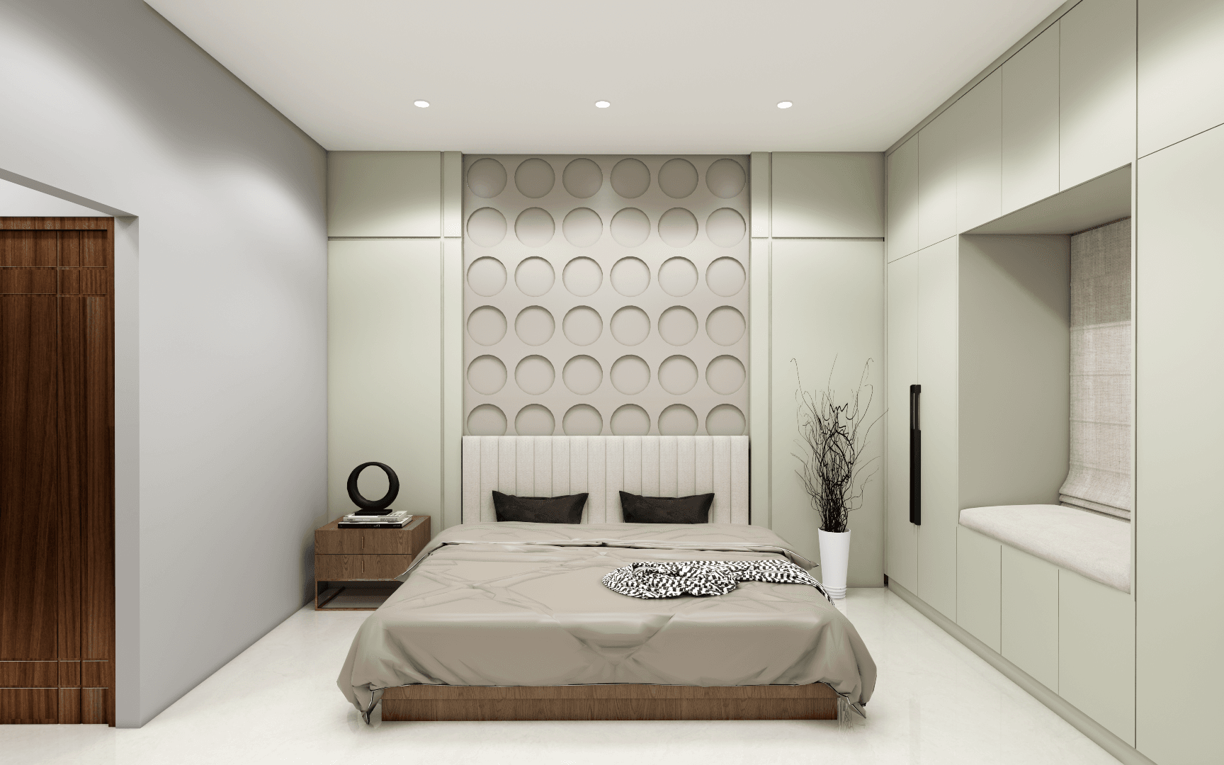 12 Modern bedroom interior design in Chennai featuring custom wardrobe, false ceiling lighting, and elegant wall paneling by Untold Concepts.