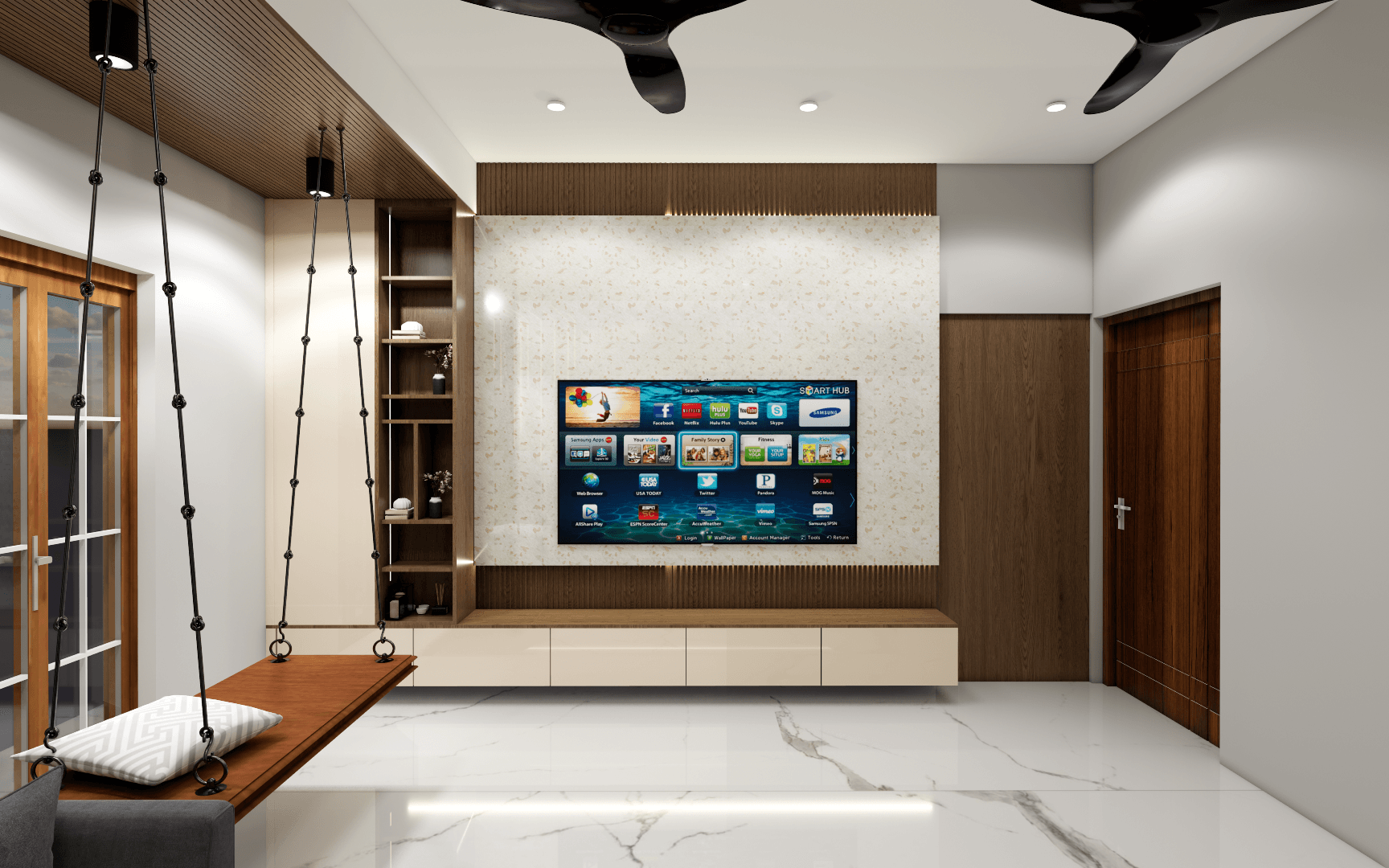12 Contemporary living room interior with modular seating, wooden paneling, ambient lighting, and neutral color palette designed by Untold Concepts in Chennai.