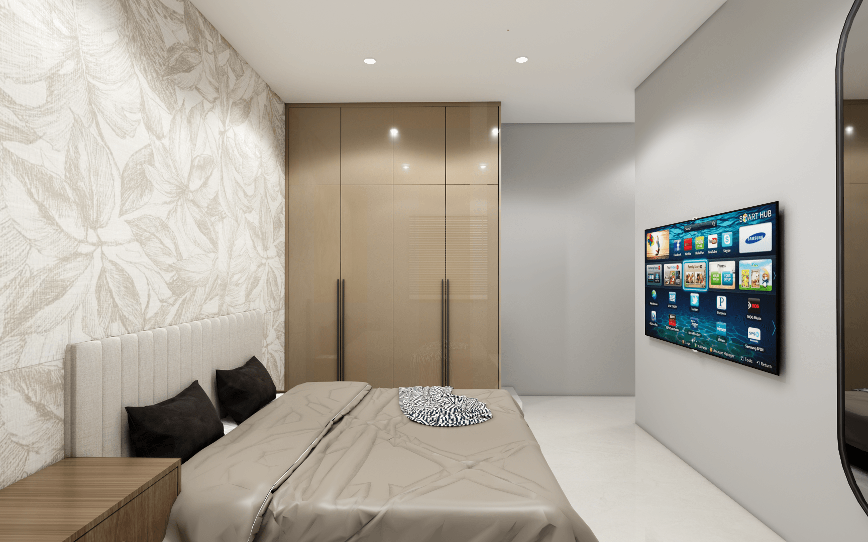 18 Luxury master bedroom interior design in Chennai with upholstered headboard, premium finishes, designer lighting, and custom-built wardrobes.