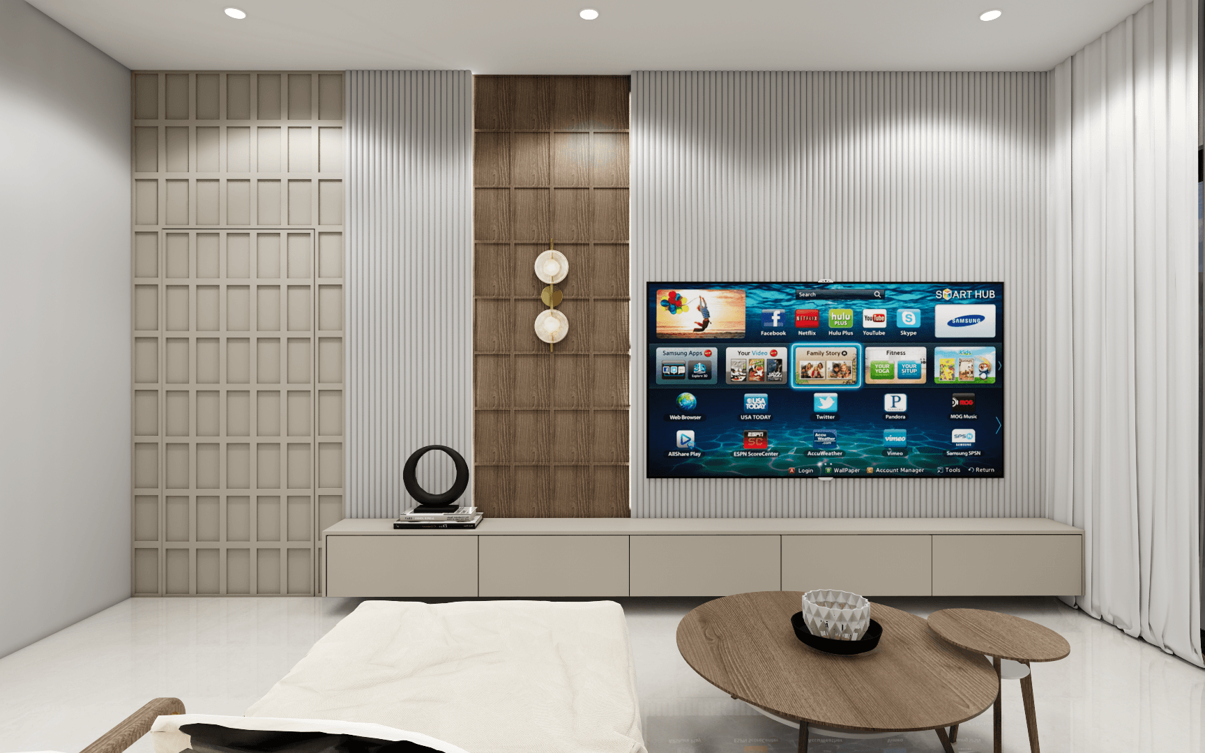 2 Luxury living room interior with custom sofa, feature wall design, and premium finishes in Chennai home.