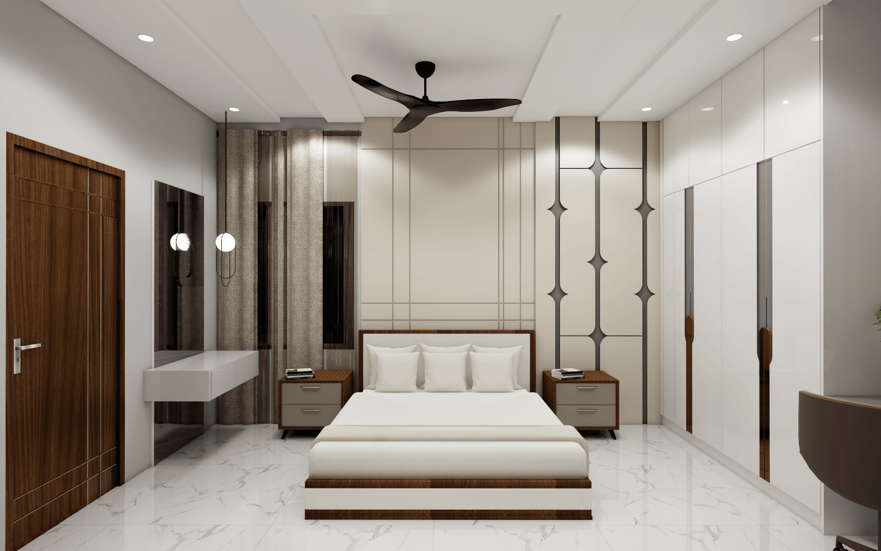 5 Modern bedroom interior design in Chennai featuring custom wardrobe, false ceiling lighting, and elegant wall paneling by Untold Concepts.
