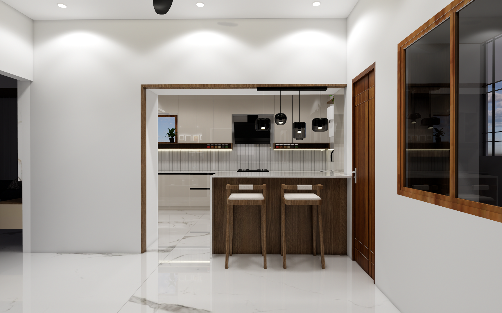 6 Luxury modular kitchen interior with premium finishes, built-in appliances, and elegant lighting designed by Untold Concepts in Chennai.