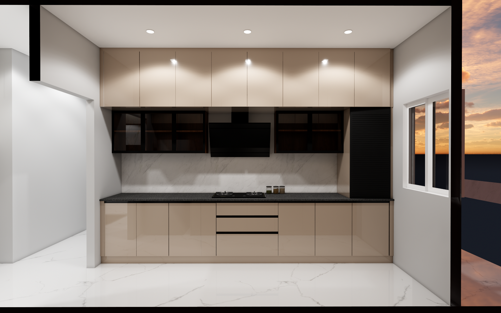 7 Luxury modular kitchen interior with premium finishes, built-in appliances, and elegant lighting designed by Untold Concepts in Chennai.