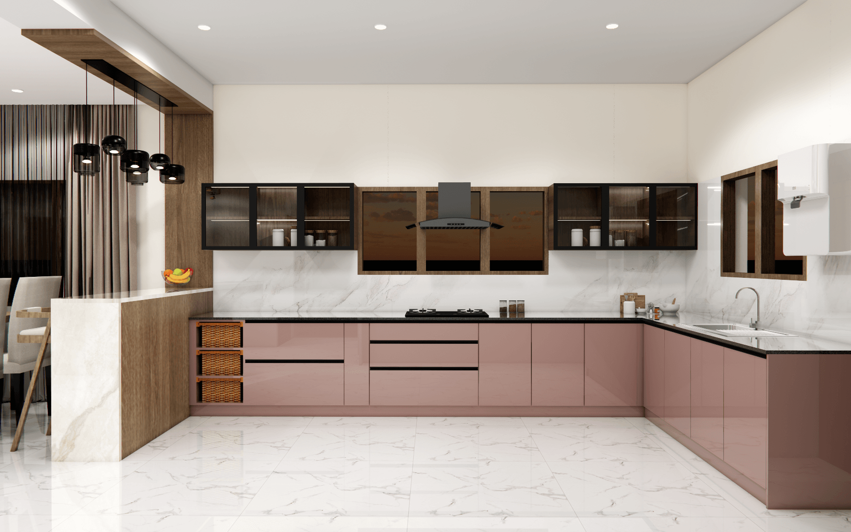 8 Contemporary modular kitchen design in Chennai featuring wooden cabinetry, quartz countertop, under-cabinet lighting, and space-saving storage solutions.