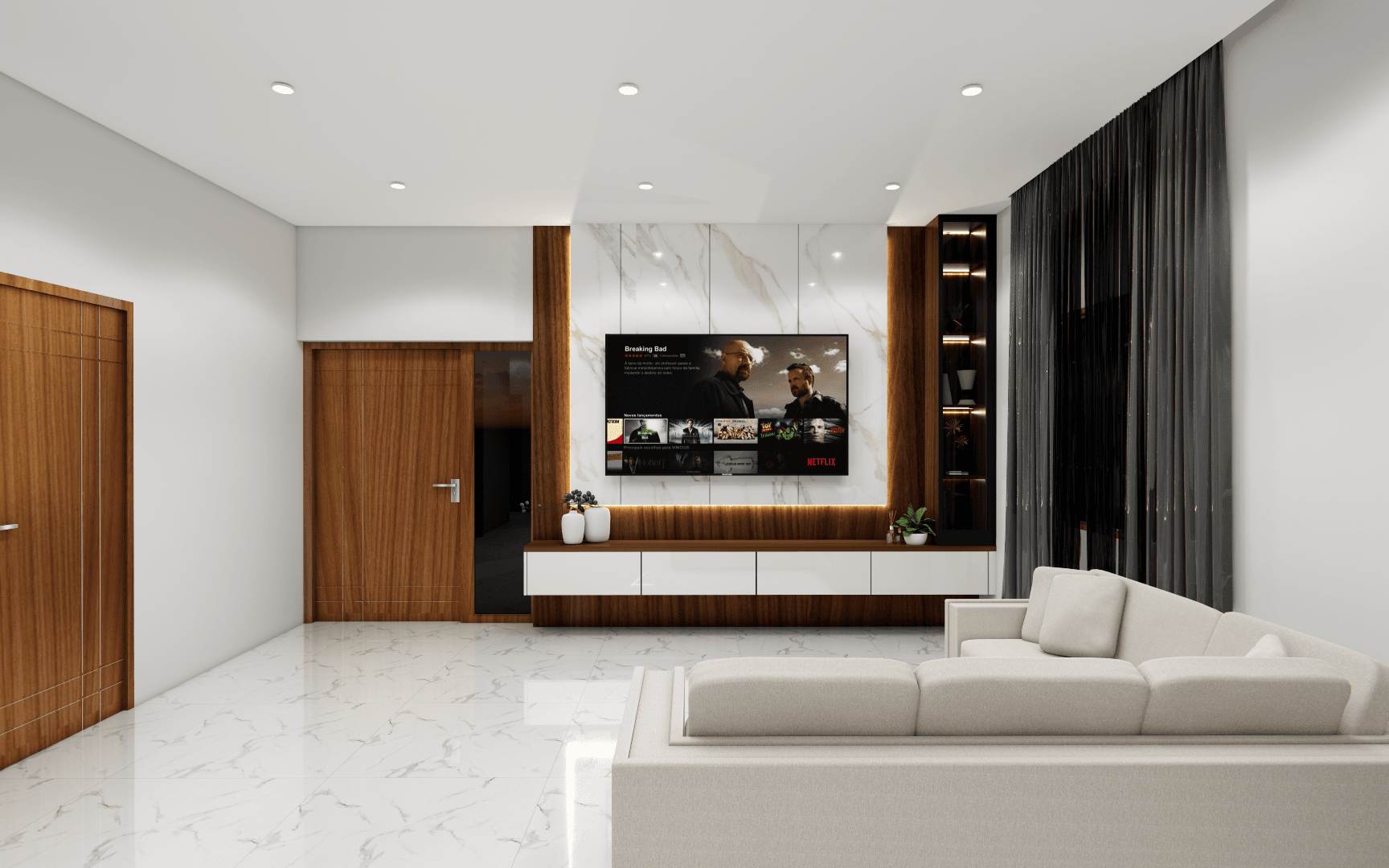 Enscape_2025-08-29-18-10-22 Modern living room interior design in Chennai featuring custom furniture, warm lighting, and elegant wall finishes by Untold Concepts.
