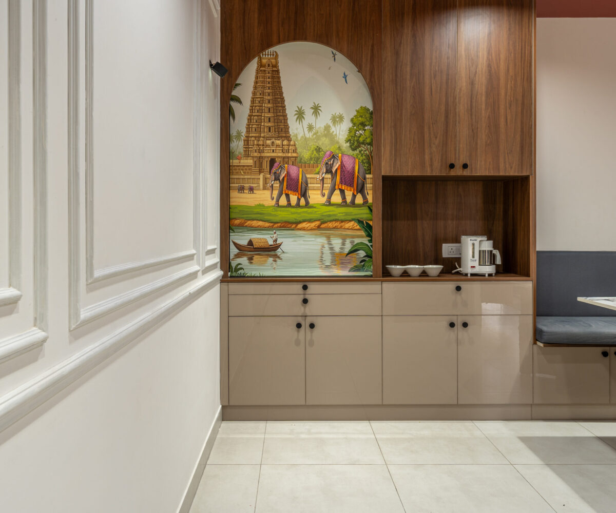 Modern home temple design with backlit wall and clean storage