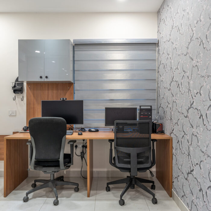 HiResPhotos-7 Minimalist bedroom featuring study unit with shelves and ergonomic working area